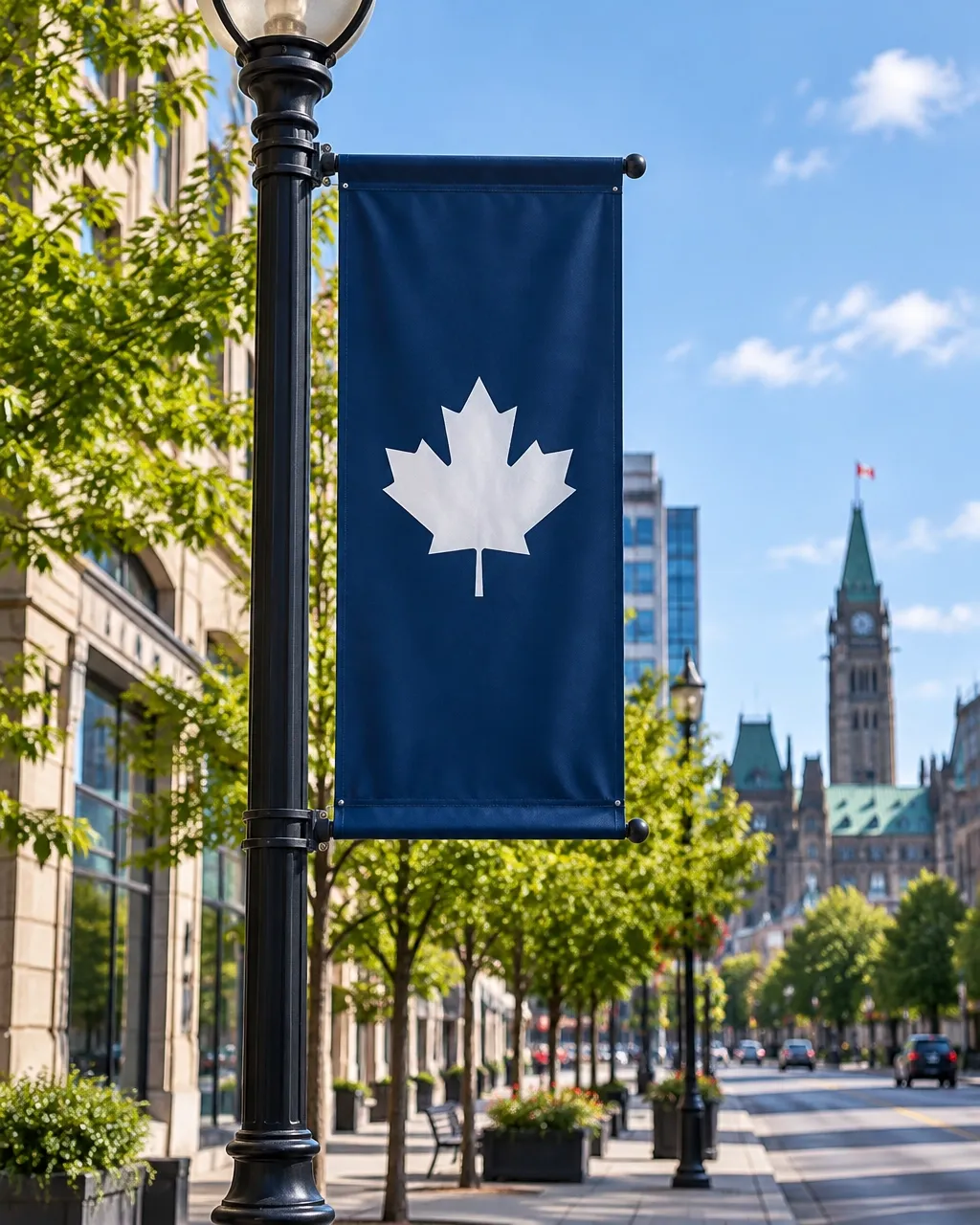 Printed banner displayed along a downtown street